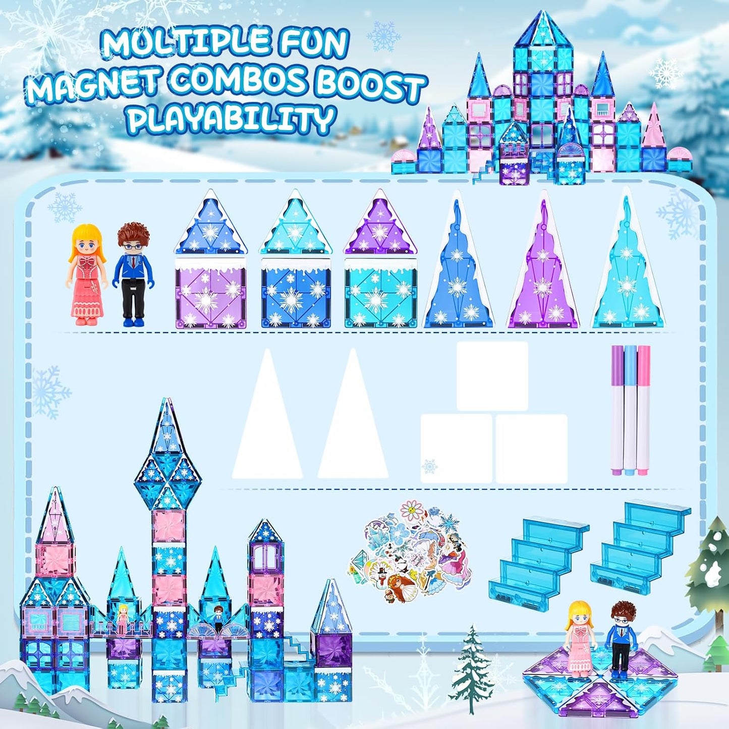 Diamond Magnetic Tiles Set 145PCS with Magnetic Doodle Kit, 3D Blocks Magnet Toys for Girls 3 4-7,8-12, Stem Toys Princess Castle Include 2 Stairs 2 Dolls Decals Stickers,3 4 5 6 7 8+ Girls Xmas Gift