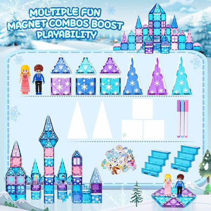 Diamond Magnetic Tiles Set 145PCS with Magnetic Doodle Kit, 3D Blocks Magnet Toys for Girls 3 4-7,8-12, Stem Toys Princess Castle Include 2 Stairs 2 Dolls Decals Stickers,3 4 5 6 7 8+ Girls Xmas Gift