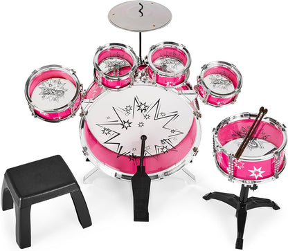 Best Choice Products 11-Piece Kids Beginner Drum Kit, Musical Instrument Toy Drum Set for Music Practice w/Bass, Toms, Snare, Cymbal, Stool, Stand Drumsticks - Black