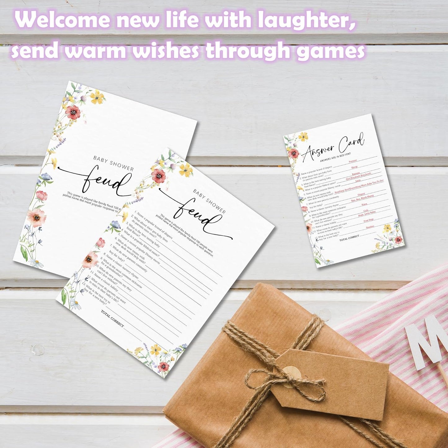 Spring Wildflowers Predictions & Advice Theme Baby Shower Games for New Parents - 50 Flowers Game Cards for Boys & Girls -Gender Neutral Gender Reveal Baby Announcement Activities Supplies & Decor-A02