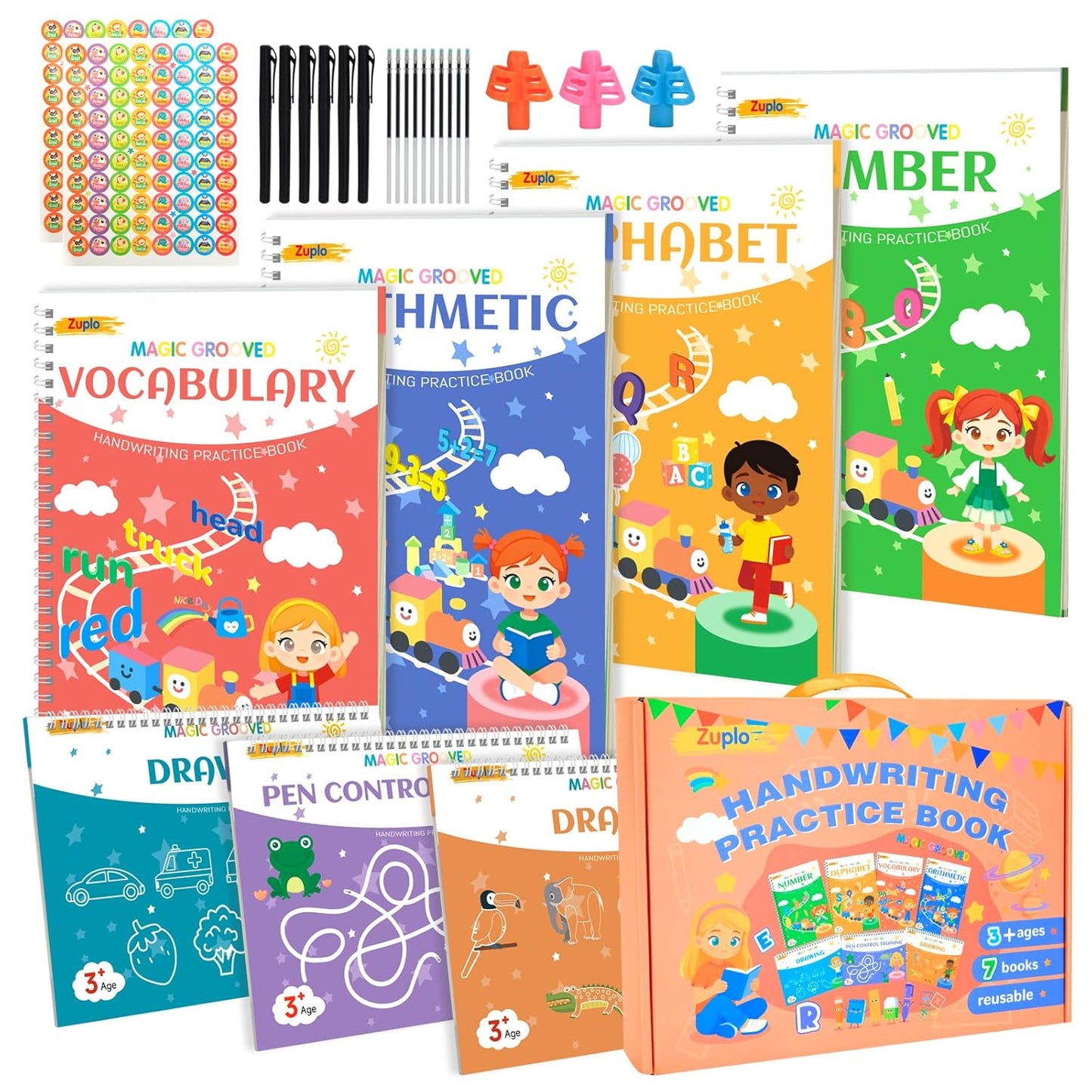 Magic Grooved Writing Practice for Kids Ages 3-8, Reusable Handwriting Workbooks for Preschool Learning, Letters Numbers Math & Drawing Tracing Books with Disappearing Ink Pens, Educational Gift