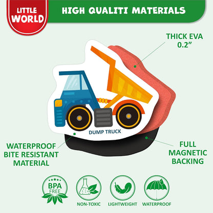 Little World Large Set of Safe and Durable Fridge Magnets for Toddlers 1-3 | Foam Refrigerator Magnets for Kids with Gift Box | Waterproof, Non-Toxic Cars & Vehicles Magnets for Children and Babies 1+