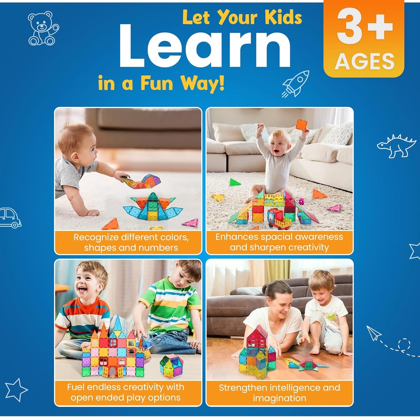 100 Pc Magnetic Tiles Building Blocks Set for Kids Educational Magnet Toys for Preschool Learning, Creative Play Room Toys for Boys & Girls
