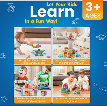 100 Pc Magnetic Tiles Building Blocks Set for Kids Educational Magnet Toys for Preschool Learning, Creative Play Room Toys for Boys & Girls