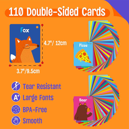 50 PCS Kid First Cognitive Flashcards,Double Sided Printed 7 in 1 Colorful Cards Alphabet,Numbers, Foods,Animals,Shapes,Colors with 3 Reclosable Rings,Learning Tool for Pre-K Kindergarten Toddlers