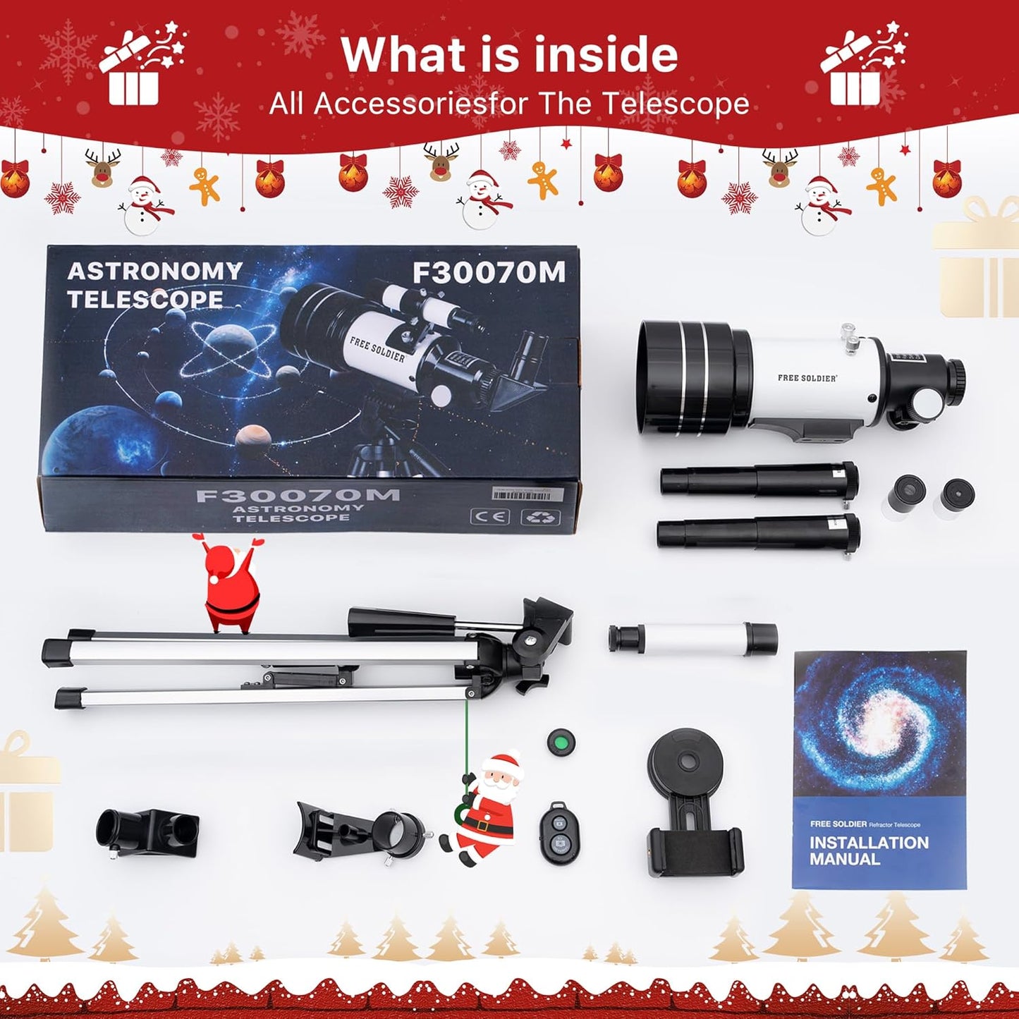 FREE SOLDIER Telescope for Kids 70mm Aperture Astronomical Refractor Telescopes for Beginners (15X-150X) 300mm Telescope for Adults High Powered with A Phone Adapter & A Wireless Remote (White)