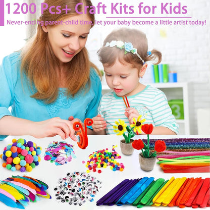 FUNZBO 2000Pcs+ Arts & Crafts Supplies Kits for Kids, DIY Craft Supplies for Toddlers Art Supply Tools Set Pipe Cleaners, Pom Poms and Feather, Birthday Gifts for Kid Girls Ages 4-8-12