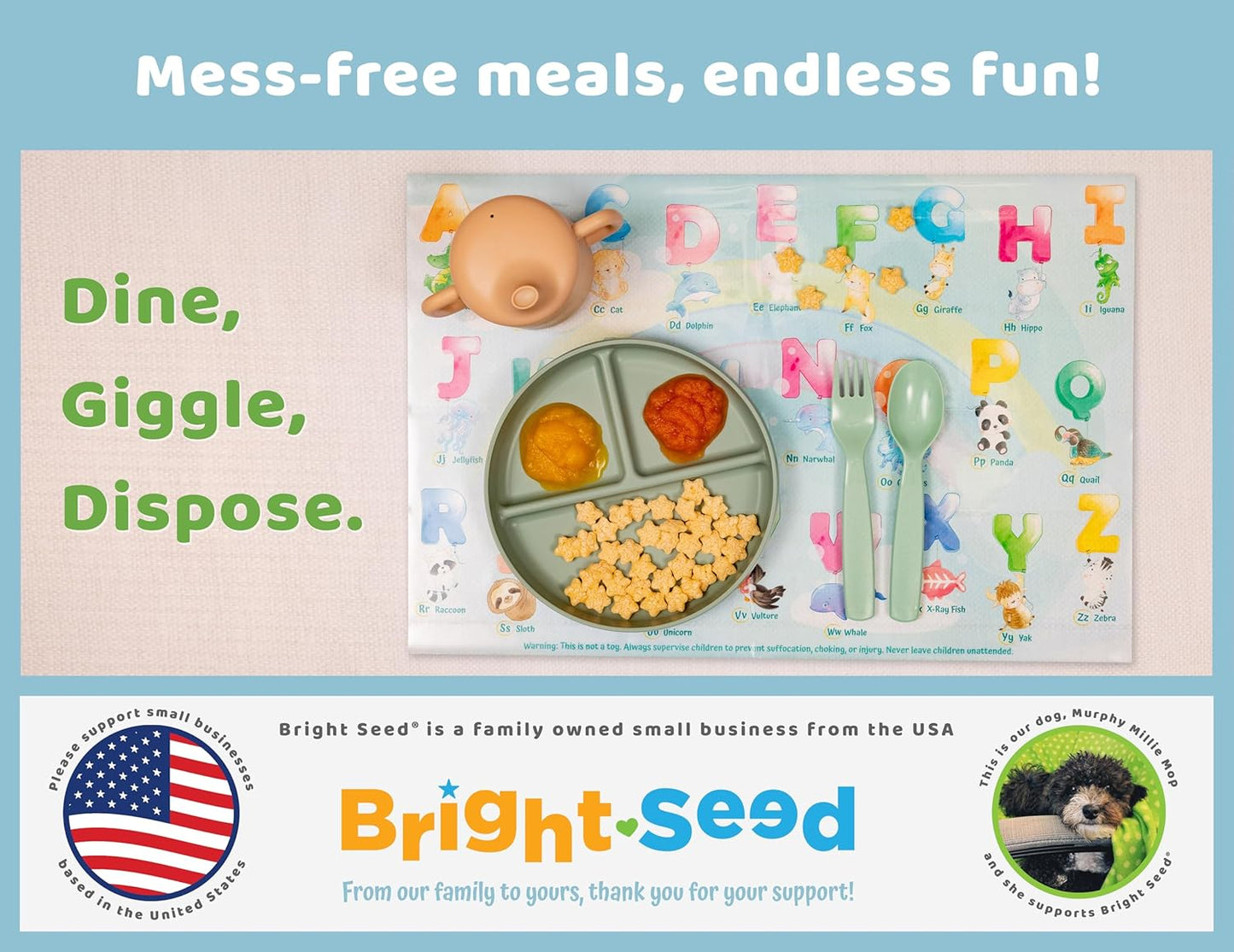 Bright Seed Disposable Placemats for Baby, Toddlers and Kids, Animals ABC & Numbers, 40 Disposable Baby mats for Restaurant, Dining Table & Travel, Learning Placemats for Kids, Toddler Travel