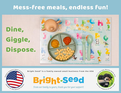 Bright Seed Disposable Placemats for Baby, Toddlers and Kids, Animals ABC & Numbers, 40 Disposable Baby mats for Restaurant, Dining Table & Travel, Learning Placemats for Kids, Toddler Travel