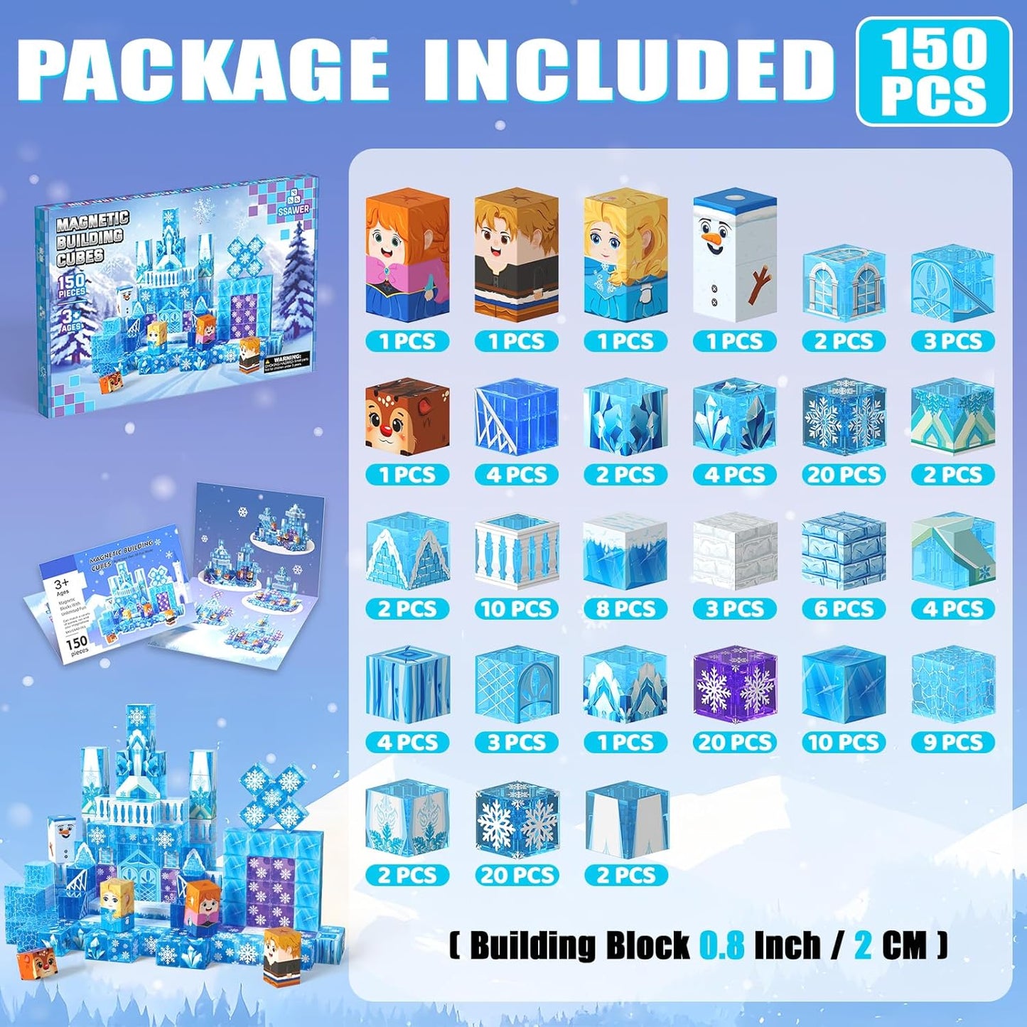 Magnetic Blocks, 150PCS Magnetic Building Blocks, Stacking Magnets for Kids, Sensory Toy for STEM Constructions Magnet Blocks for Girls Age 3+, Christmas Birthday Gifts (Snow Castle)