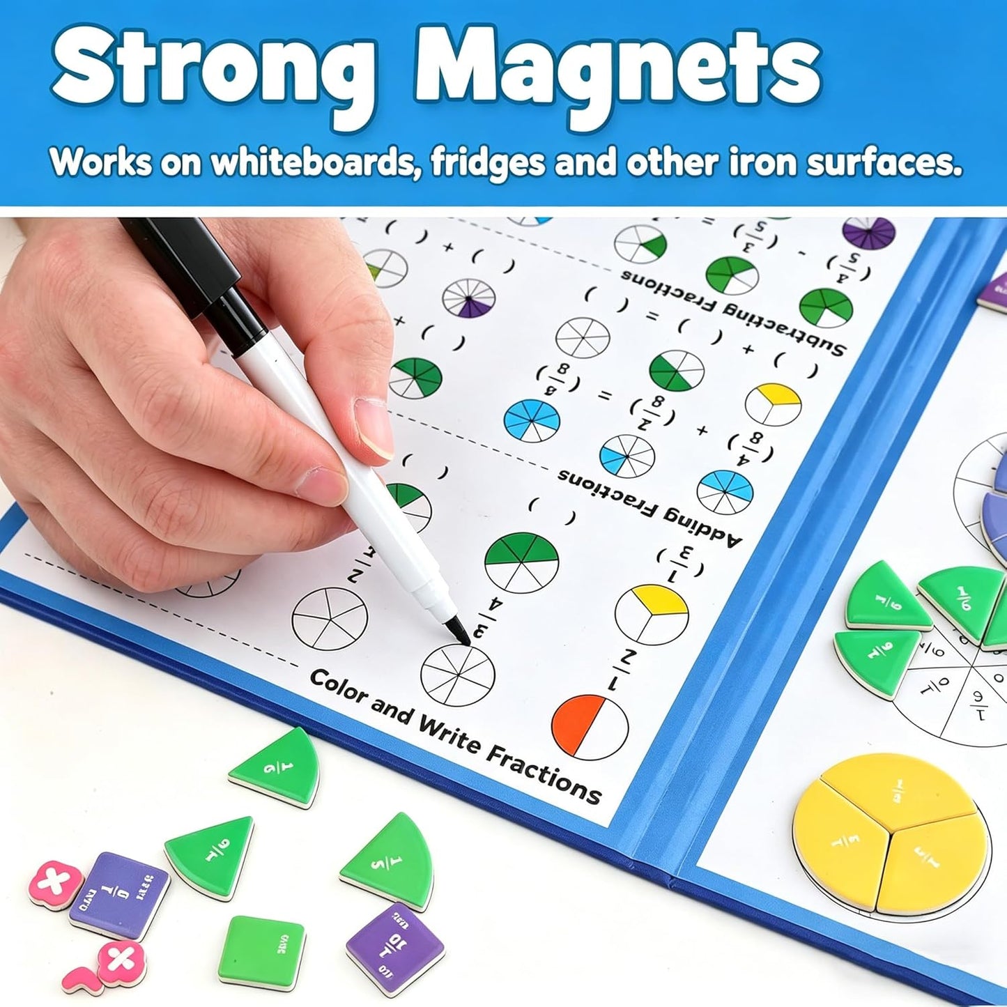 Magnetic Fraction Playbook, 103 PCS Magnetic Fraction Tiles Fraction Magnets for Elementary School Math Learning Toys for Kids Fraction manipulatives Magnetic Fraction Demonstration Book