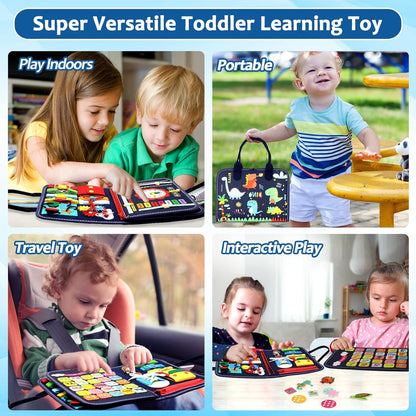 Qizfun Toddler Busy Board Montessori Toys – Sensory Busy Book, Educational Learning Travel Toy for Airplane & Car, Keeps Toddlers Entertained, Birthday Gifts for Toddler Boys Girls (Blue/P8)
