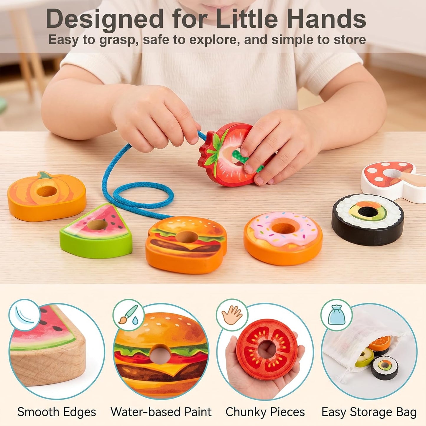 Wooden Caterpillar Lacing Toy, 10 Fruit and Vegetable Threading Beads with 10 Double-Sided Pattern Cards, Montessori Fine Motor Toy for Toddlers 3+ Preschool Learning Gift