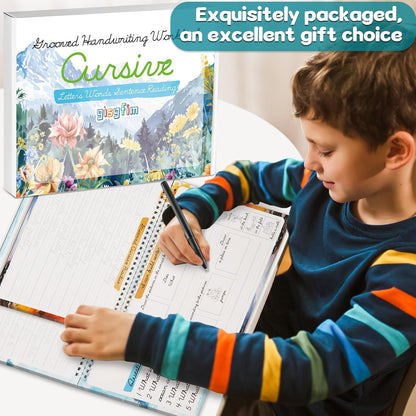 gisgfim 4 Pack Grooved Cursive Handwriting Workbook Kit Magic Reusable Grooved Handwriting Practice with Disappearing Ink Pens Cursive Workbook for Kids Number Poems Jokes & Riddles Inspiring Quotes