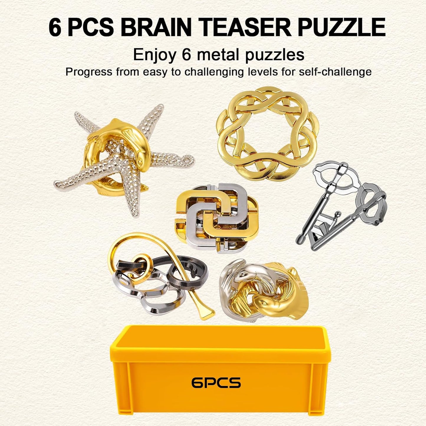 6 PCS Metal Brain Teaser Puzzles for Adults and Kids, Disentanglement Metal Logic Puzzle Set, IQ Mind Challenge Brain Games Toy Gift