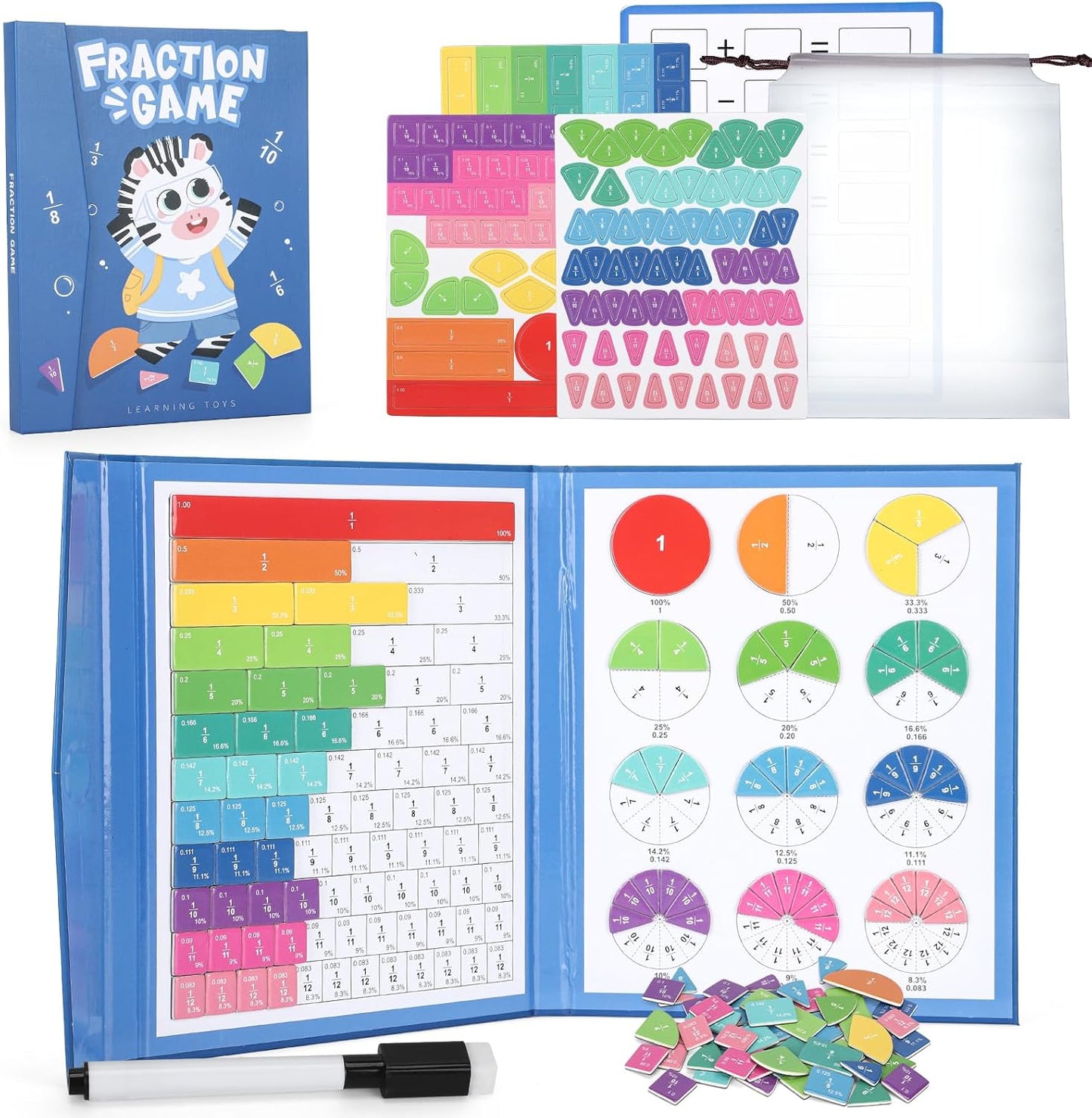 Magnetic Fraction Educational Puzzle, Magnetic Fraction Tiles and Circles, Elementary Fraction Manipulatives, Montessori Math Teaching Aid for Kids