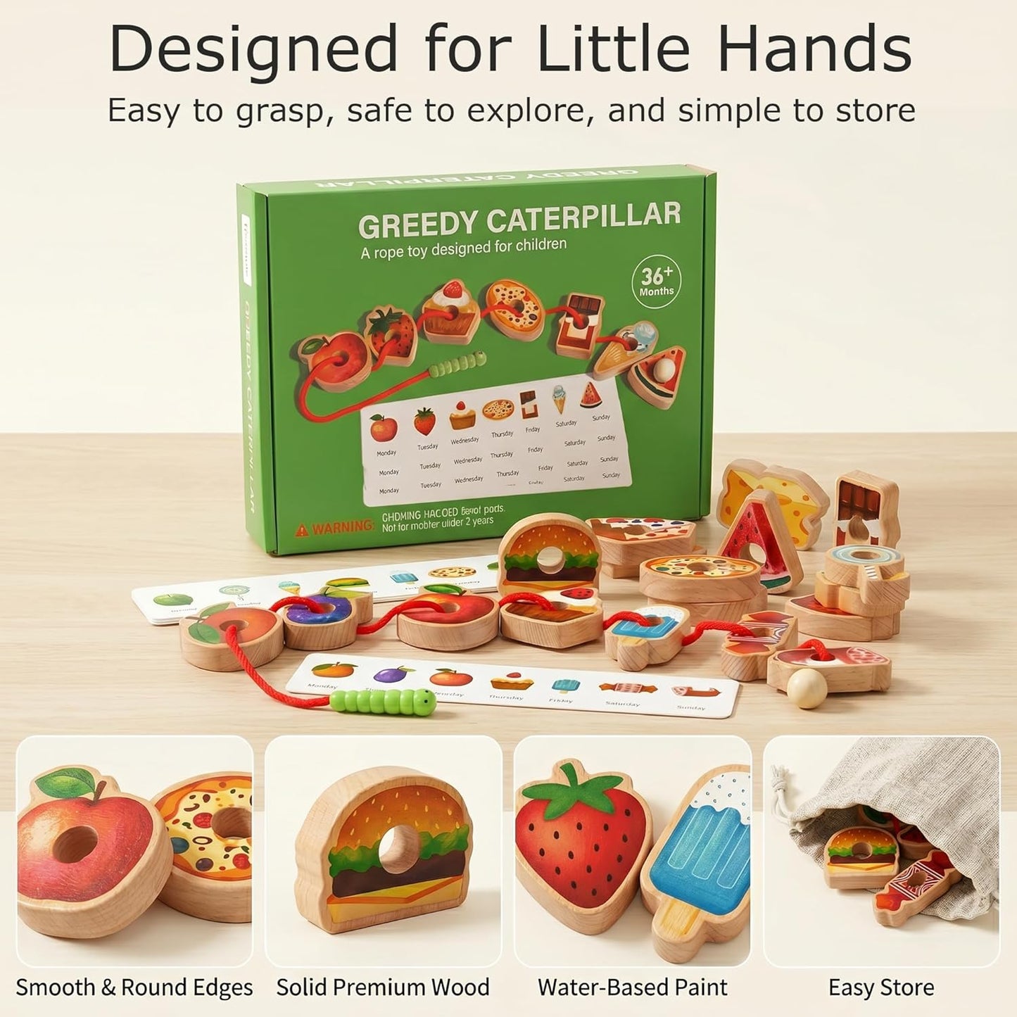 Wooden Caterpillar Lacing Toy, 18 PCS Fruit Vegetable Food Threading Beads with Pattern Cards, Montessori Fine Motor Skills Toy for Toddlers 3+ Preschool Learning Gift