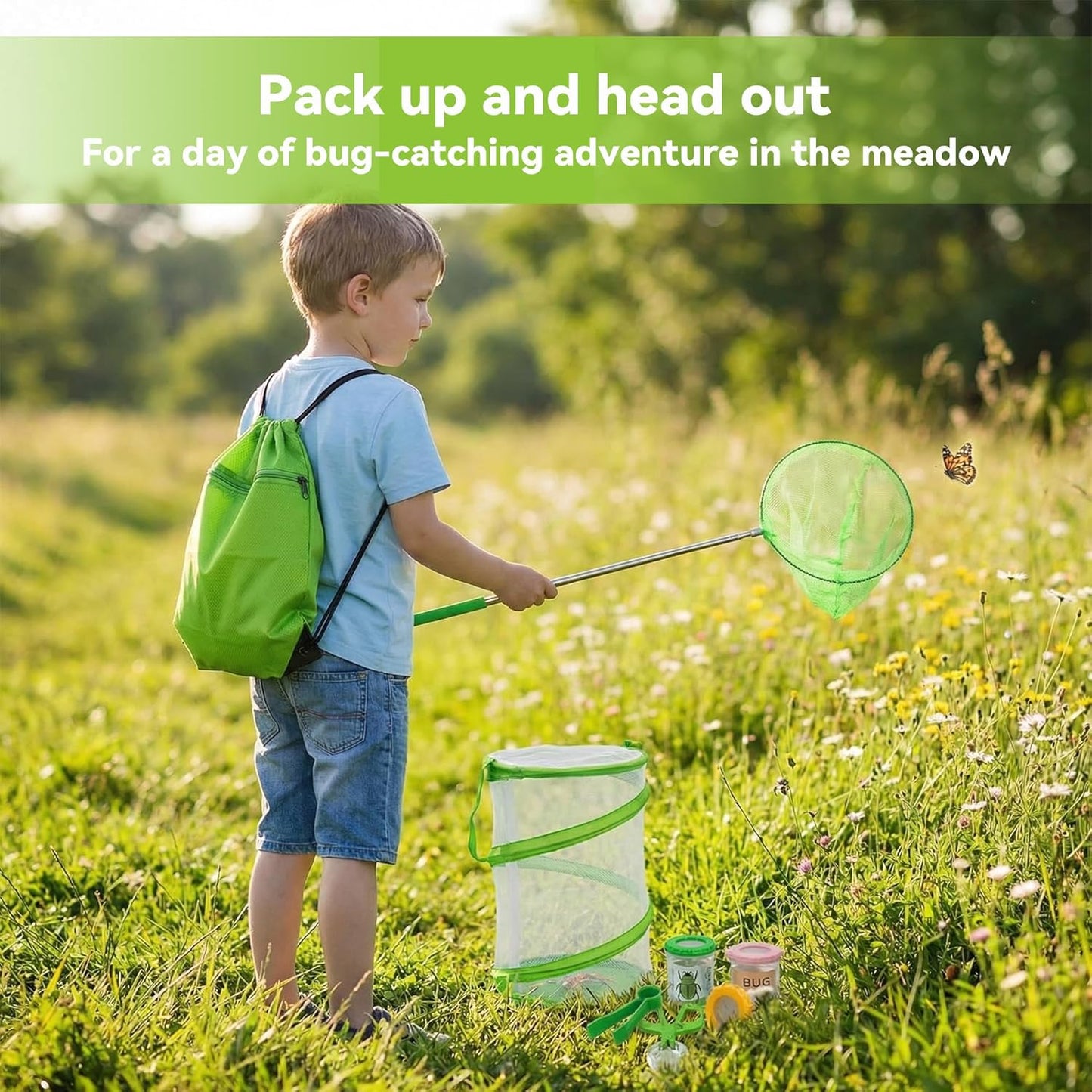 11Pack Bug Catcher for Kids, Bug Catching Kit with Extendable Bug Net, Butterfly Net, Collection Boxes, Butterfly Cage, Backpack, Outdoor Explorer Adventure Set for Boys Girls Ages 4-12