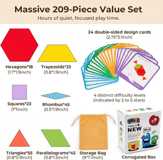 LovesTown 209 PCS Shapes Wooden Pattern Blocks for Kids, Geometric with Activity Cards and Storage Bag, Educational Tangram Puzzles,Great Learning Gift from Parents or Teachers