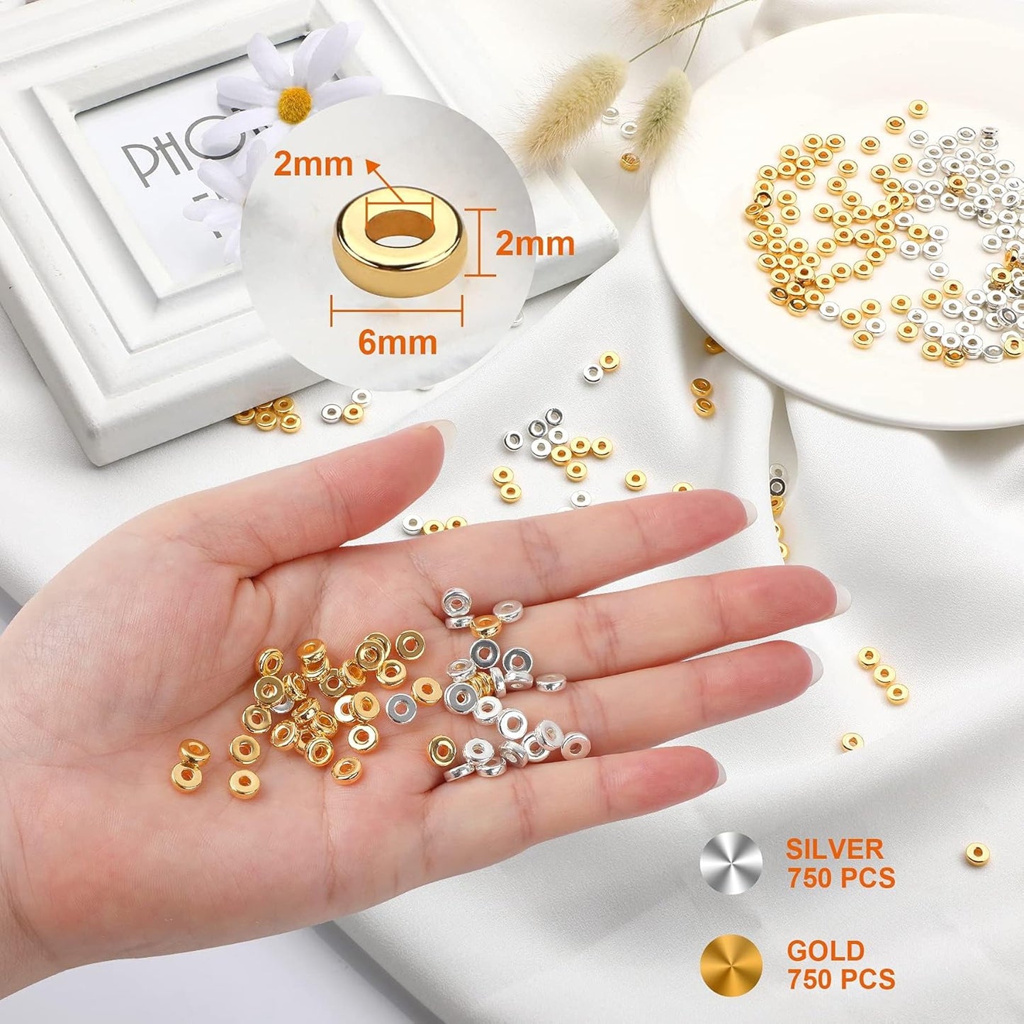 1500pcs 6mm Flat Round Spacer Beads Disc Loose Jewelry Making Beads for DIY Bracelet Necklace Earring Craft Supplies, Gold & Silver