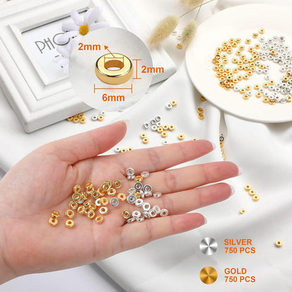 1500pcs 6mm Flat Round Spacer Beads Disc Loose Jewelry Making Beads for DIY Bracelet Necklace Earring Craft Supplies, Gold & Silver