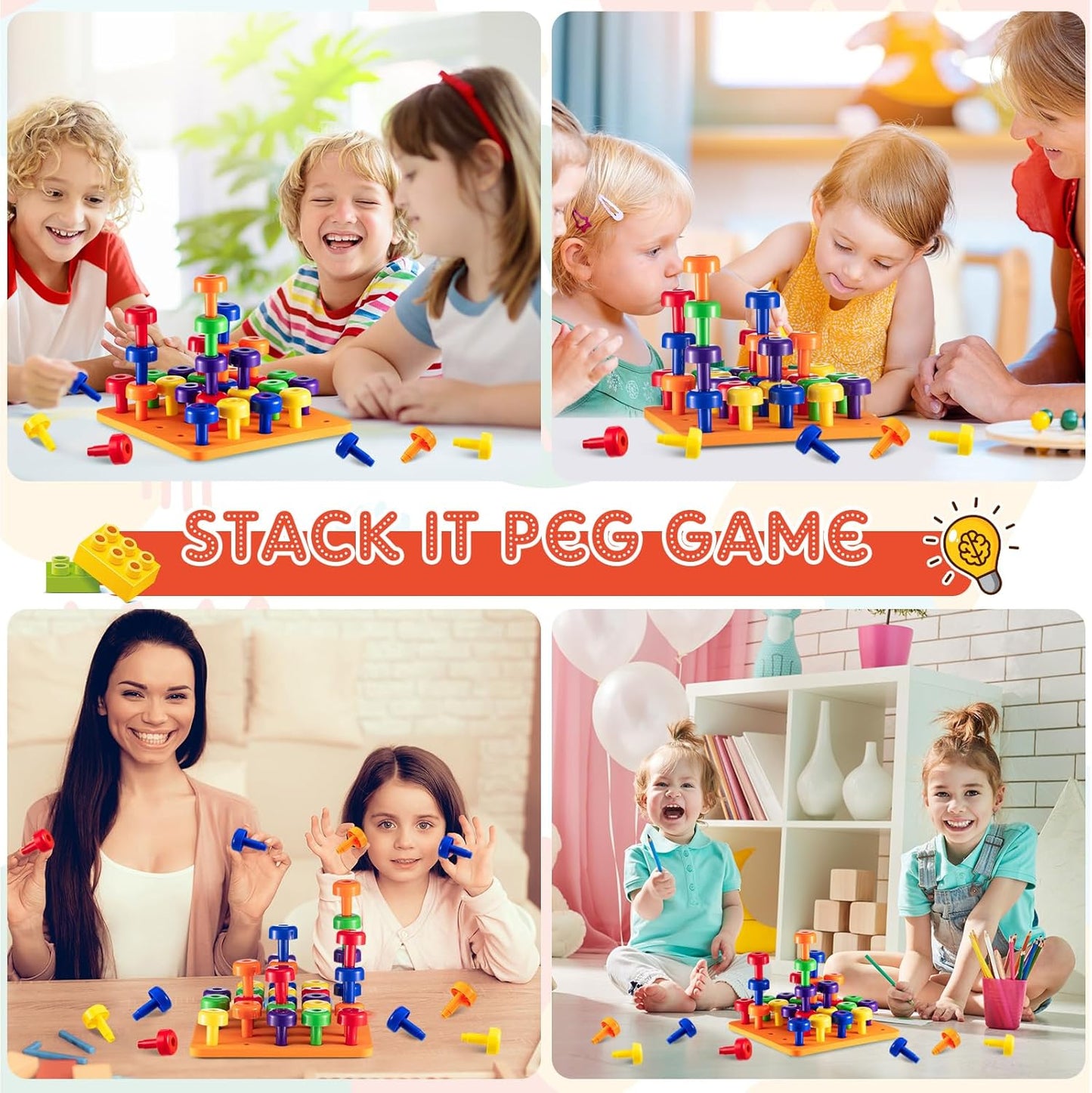 Shappy Toddler Peg Board Kids Montessori Colorful Stackable Toys 120 Pcs Pegs with 4 Foam Board 4 Learning Educational Toy for Preschool Color Recognition Counting Skill(Orange)