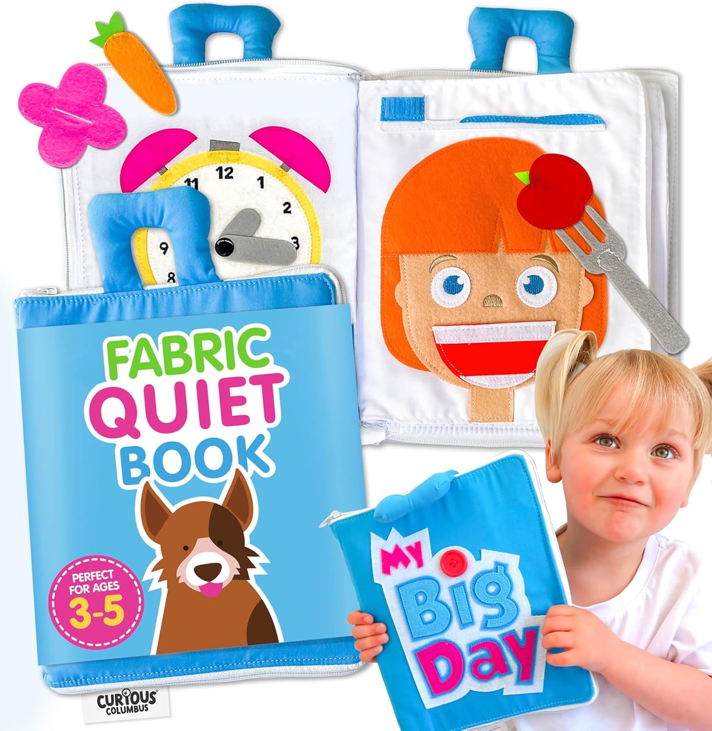 Curious Columbus Quiet Book Fabric Busy Book - Airplane Travel Toys for Kids - Montessori Toy Preschool Activity Books - Fun and Educational Fabric Book