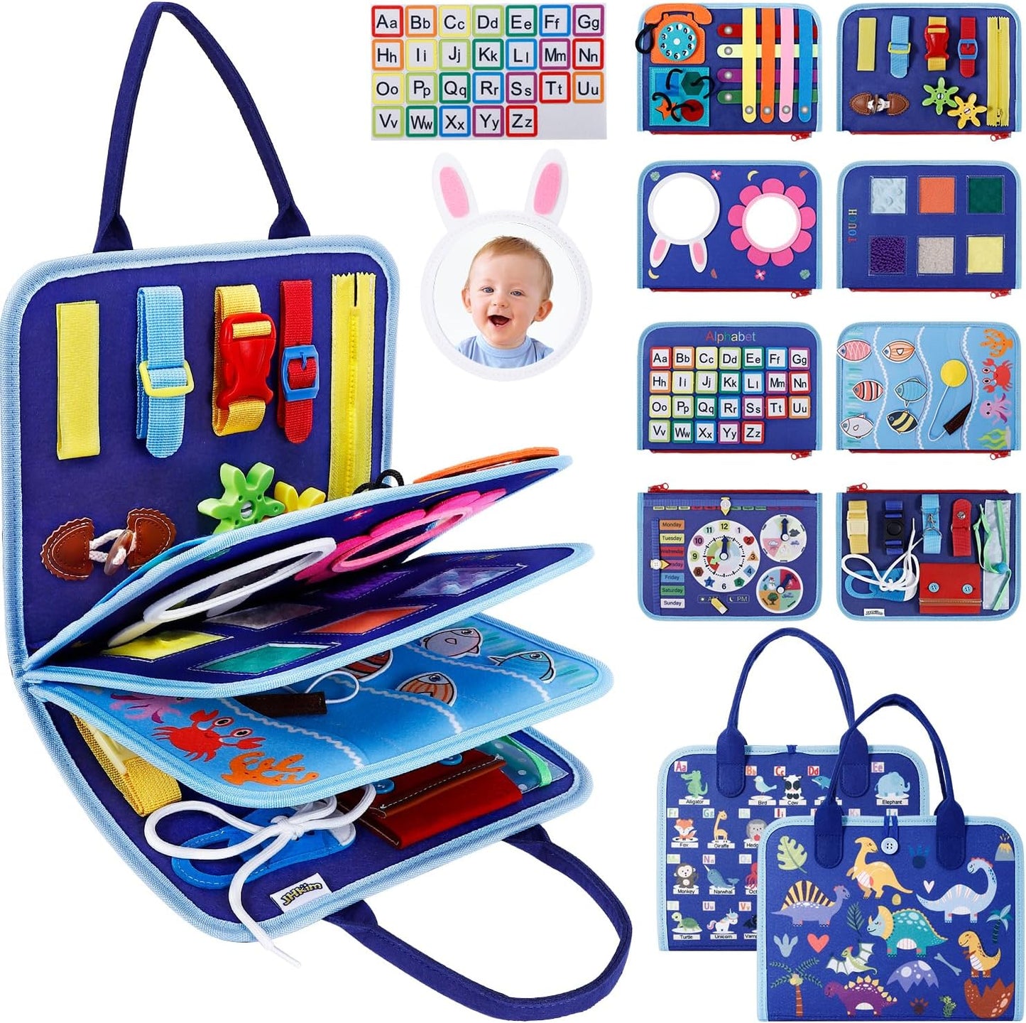 JHkim Busy Board Montessori Toys for 1 2 3 4 Year Old Boys Girls Gifts, Sensory Toy for Toddlers 1-3, Educational Activities Travel Toy for Airplane Car, Busy Book for Learning Fine Motor Skills,Blue