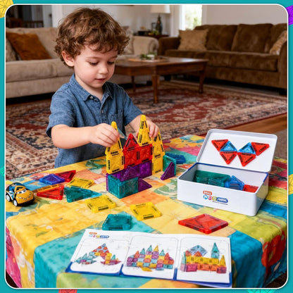 Magnetic Tiles for Kids Mini Magnet Tiles Building 43PCS Toddlers Magnetiles Travel Toys with Case & 2 Cars Basic STEM Magnets Construction Tile Toy Set Ages 3-8 Boys Girls