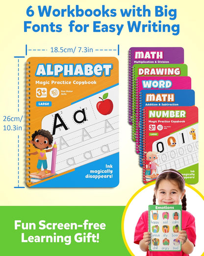 Coogam 6Pcs Magic Grooved Writing Practice for Kids, Grooved Handwriting Copybook with Pens, Learn to Write Number Letter Tracing Workbook for Kids Age 3-8 Preschool Learning Activities