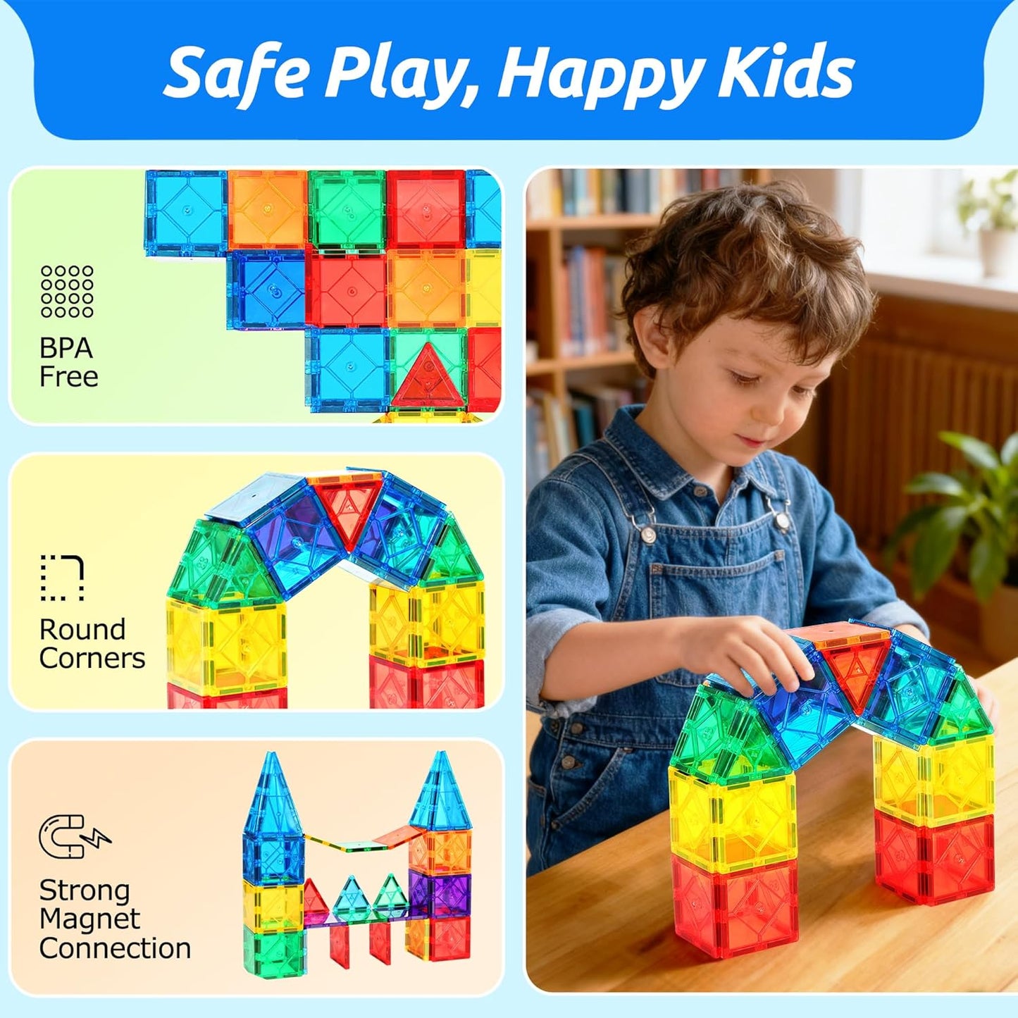 8 Piece Large Square Shape Magnetic Tiles Kids Toys, Magnetic Building Blocks STEM Magnet Building Set Preschool Learning Magnet for Kids Ages 3-5 4-8, Sensory Montessori Toys for 3+ Boys and Girls