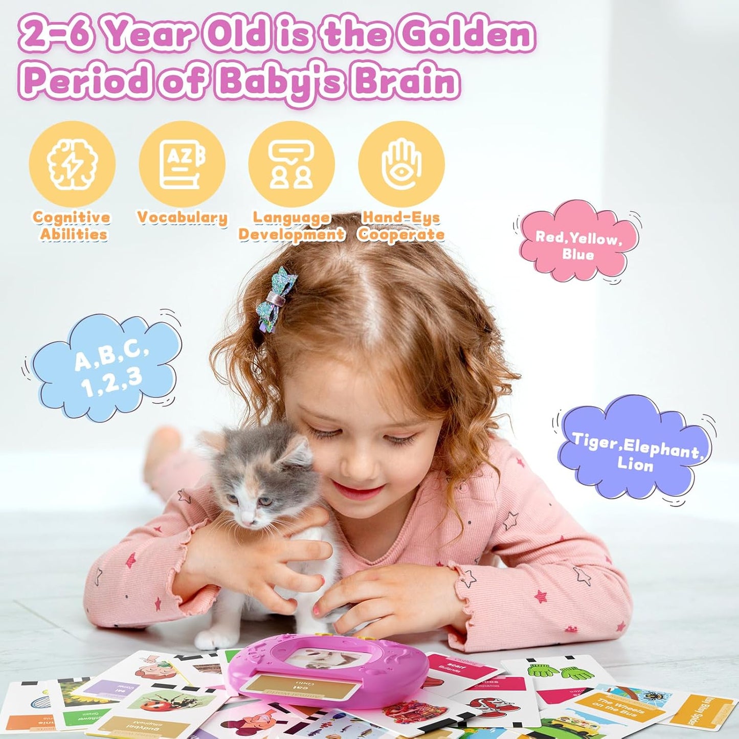 HOMESTEC Toddler Talking Flash Cards with American Accent and 288 Sight Words for Speech Therapy Learning Montessori Sensory Play for Boys and Girls Ages 3 to 6 Birthday Gifts (Pink)