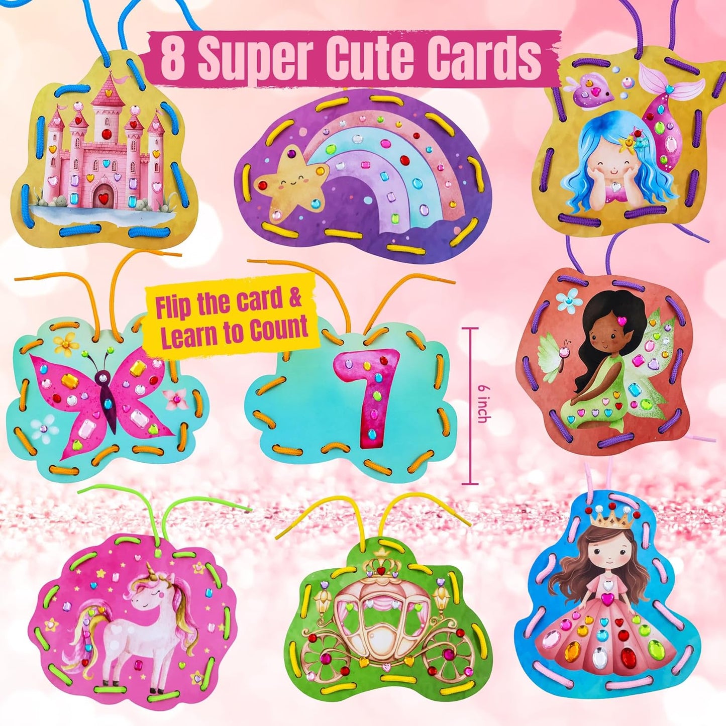 CRAFTILOO Lacing Cards for Kids Ages 3-5 - 8 Princess Sewing Cards with Gem Stickers, Toddler Lacing Toy, Fine Motor Preschool Threading Activity for Ages 4-8