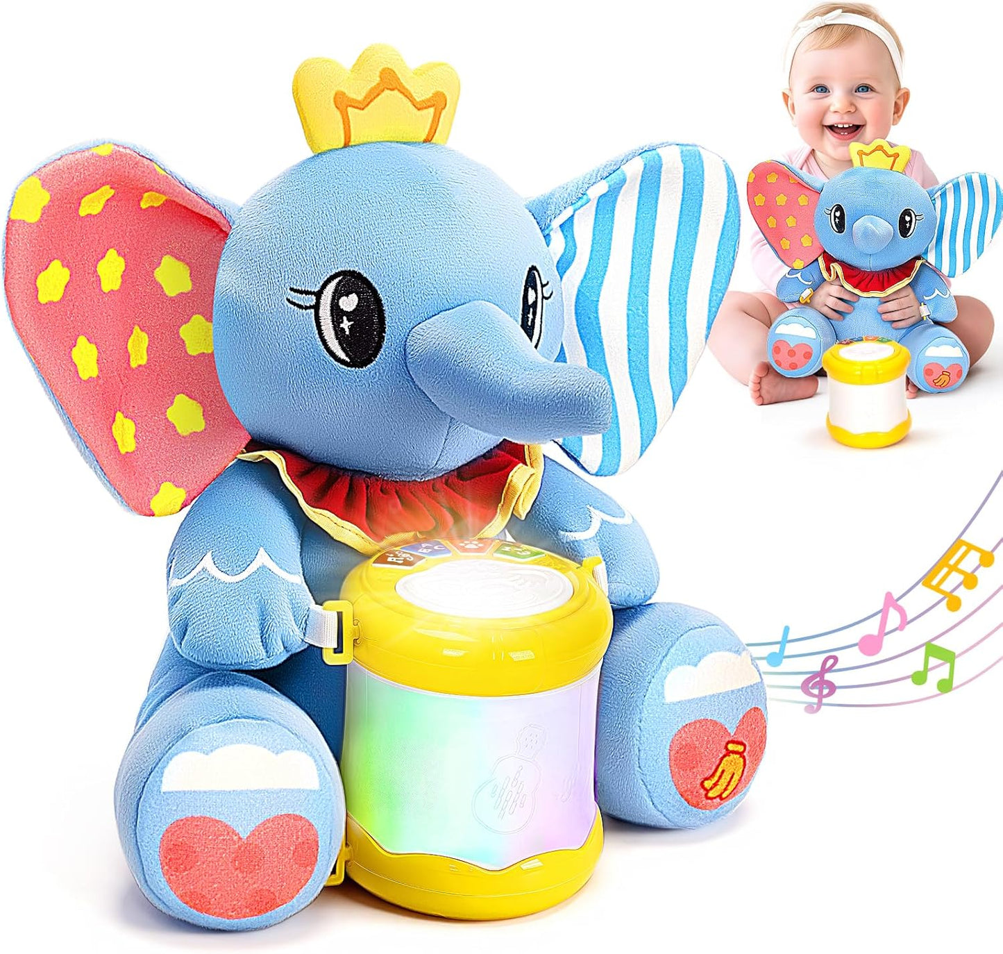 V-Opitos Stuffed Bear Musical Toys for Baby 6-12 Months+, Early Learning Light up Music Drum, Perfect Christmas Birthday Gifts for Boy & Girl Age 1, 2 Years Old