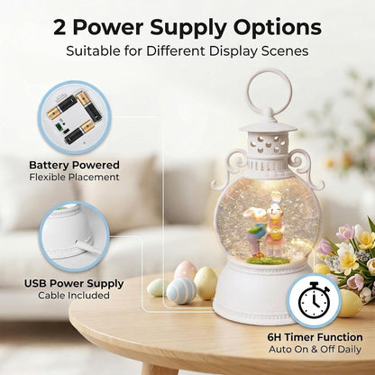 Easter Snow Globe Lantern, 9.4" Bunny Couple Lighted Snow Lantern with 6-Hour Timer, Battery or USB Powered, Spring Easter Decorations for Home, Easter Bunny Gift & Blue Easter Decor