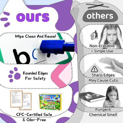CVC Word Games, Phonics Flash Cards for Kids, 100 Pcs Writing & Spelling Card with 4 Dry Eraser Markers & 4 Sorting Rings, Reusable Phonics Flash Cards, Preschool Learning Activities, CVC Word Games