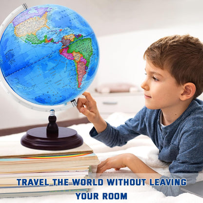 World Globe for Kids Learning, 8 inch Interactive Spinning Earth Globe for Children with Stand, Self-Assembled World Globes for Educational Geography Decorative Kids Room, Classroom, Adults Office