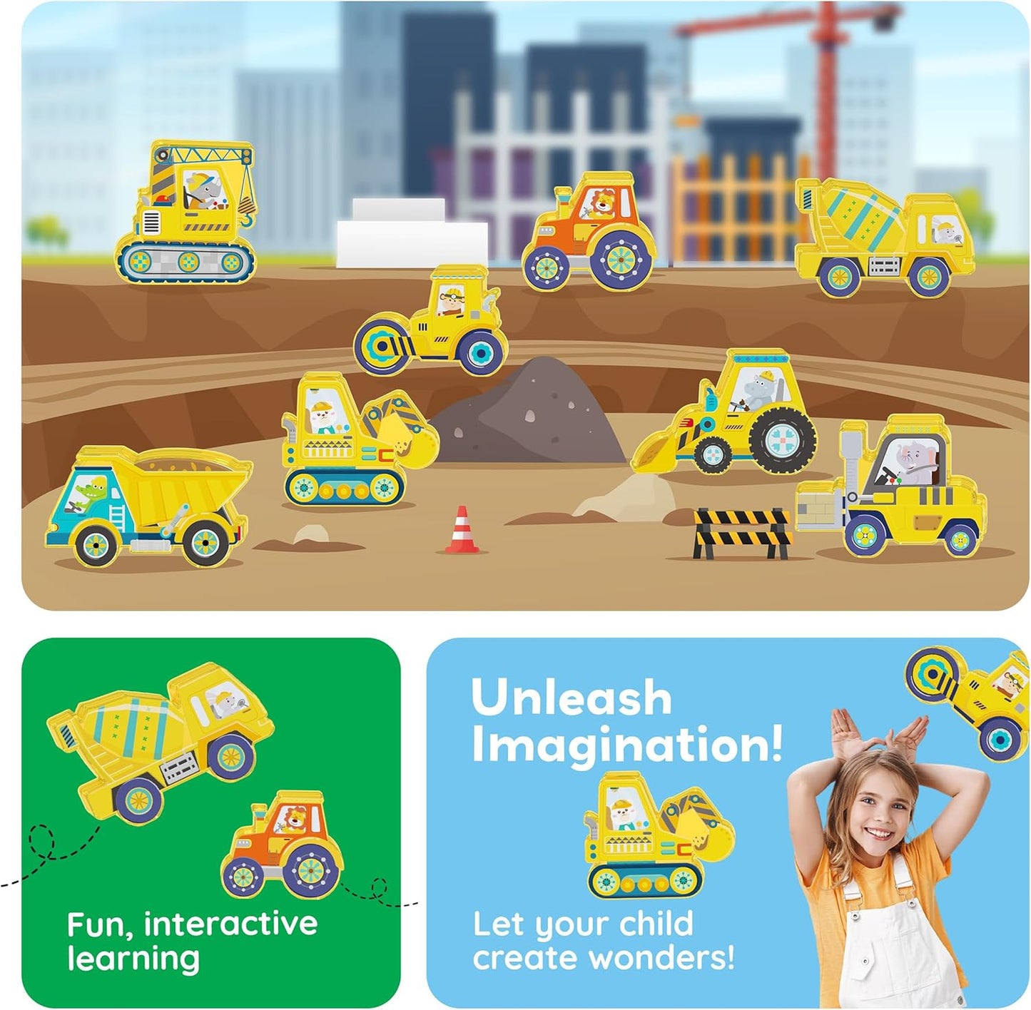 PicassoTiles Magnetic Tile Building Blocks Add On 8 Magnetized Action Figures Construction Vehicles & Zoo Animal Theme Compatible with Magnet Tiles Sets STEM Learning Toy for Boys & Girls Age 3+ PTA21