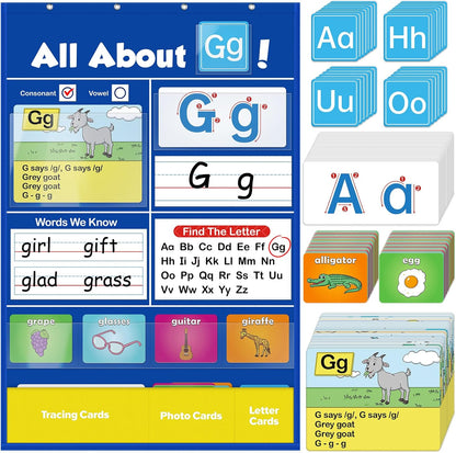Alphabet Learning Pocket Chart, Circle Time Learning Center Alphabet Flash Cards ABC Wall Chart Letter Game for Toddler Kids Homeschool Supplies Preschool Kindergarten Classroom Must Haves