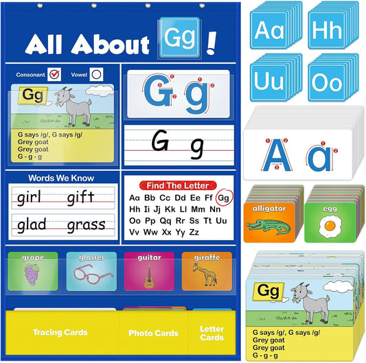 Alphabet Learning Pocket Chart, Circle Time Learning Center Alphabet Flash Cards ABC Wall Chart Letter Game for Toddler Kids Homeschool Supplies Preschool Kindergarten Classroom Must Haves