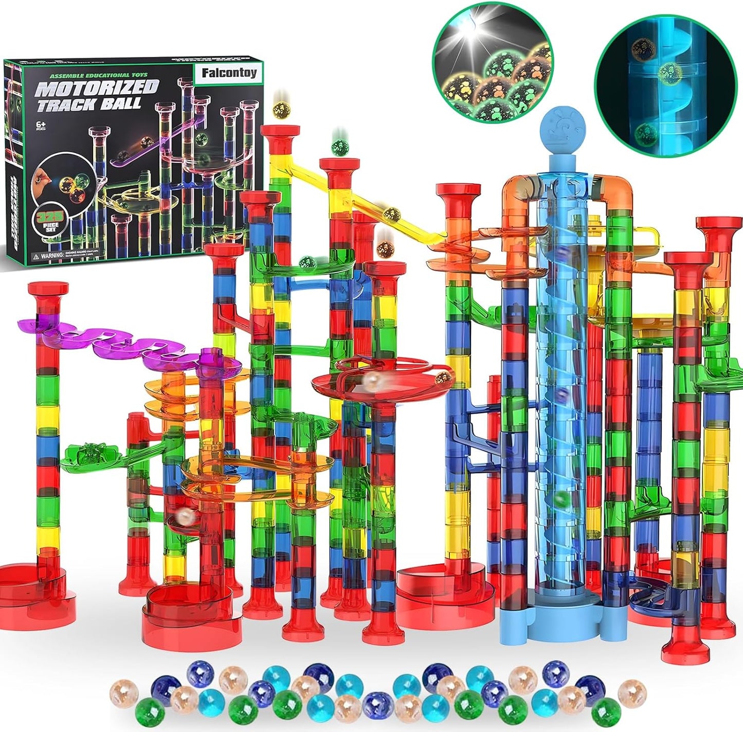 325PCS Glow in The Dark Marble Run with Motorized Elevator, STEM Building Blocks Toy Includes 113 Marbles, for Kids Ages 3+, Easter Birthday Gift for Boys and Girls
