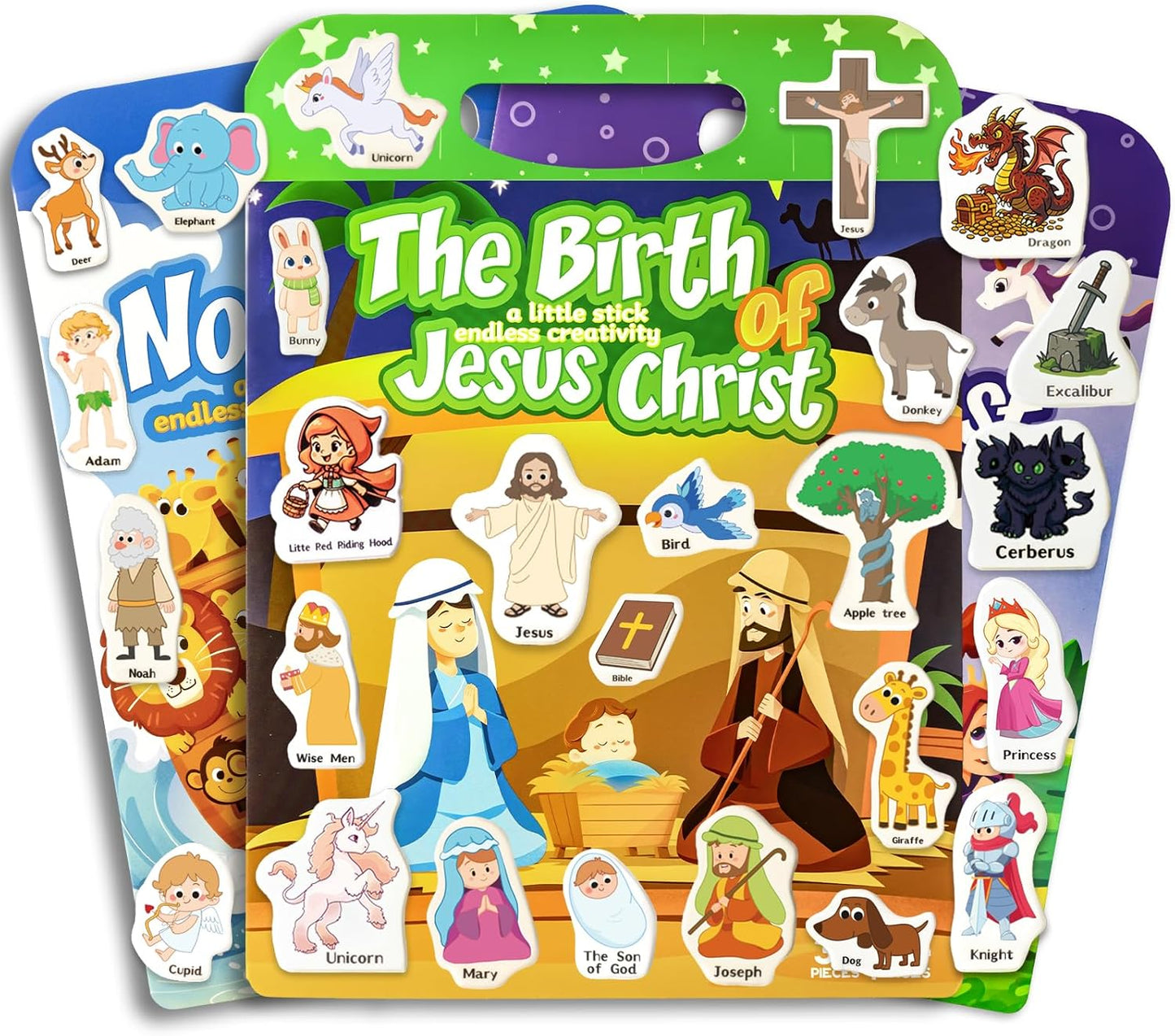 Reusable Sticker Books for Toddlers 1-3, Puffy Stickers Book for Kids Ages 2-4, Toddler Travel Activities Book Toy for Birthday Christmas - Christianity Jesus, Noah's Ark, Fairy Tales(3 Set)