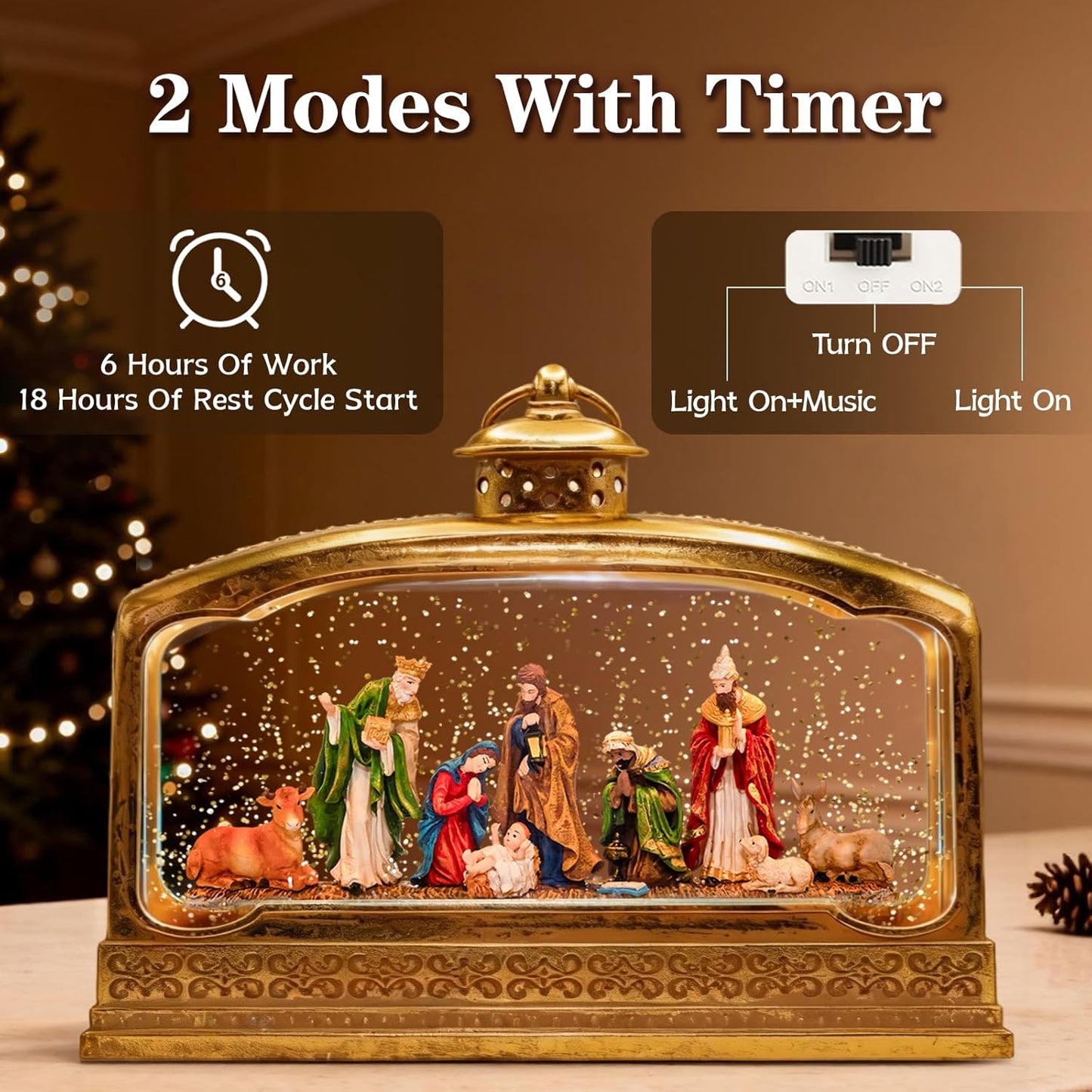 Christmas Snow Globes Lantern, Church and Christmas Tree Christmas Decorations Indoor, 6H Timer Battery & USB Powered Light Up Musical Snow Globes for Kids Women Adults Gift Thanksgiving Home Decor