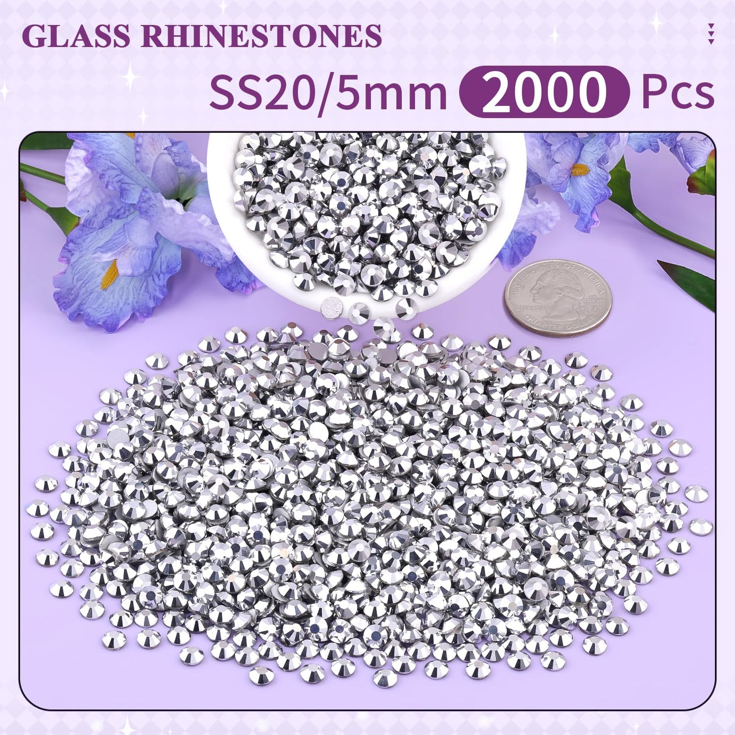 5000PCS SS6/2mm Glass Crystal Rhinestones (Clear), Bedazzling Flatback Rhinestones for Crafting DIY Crafts Nail Art Makeup Decoration, Gems Diamond Charms for Tumbler Shoes Clothing Mug