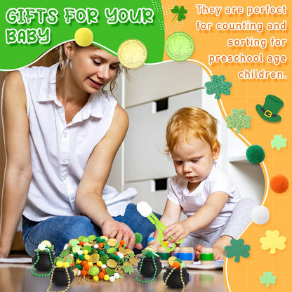 Foilswirl 436 Pcs St. Patrick Sensory Bin Filler Fine Motor Toys Include 4 Tweezers 2 Scissors Clips 200 Pom Poms 4 Cauldron Pot 60 Plastic Coins 6 Necklace 160 Shamrock Stickers for Sorting Counting