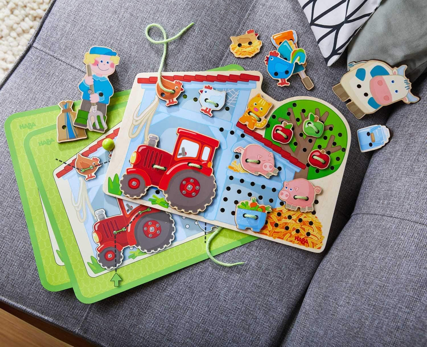 HABA Farm Threading Game with 18 Barn Yard Themed Wooden Tiles and Template Cards