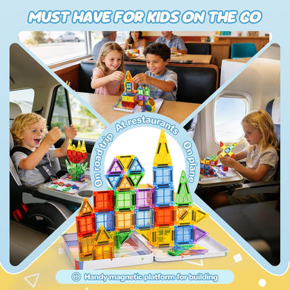 cossy Mini Magnetic Tiles, 46 PCS Magnet Tiles Travel Toys with Iron Box, Travel Magnetic Tiles for Restaurant, Car & Plane Play, Toys for 3 4 5 6 7 8 Year Old Boy and Girl