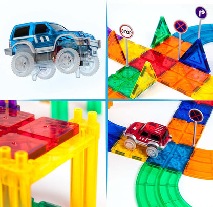 PicassoTiles 50pc Racecar Track Magnetic Tiles Educational Kids Toy with 2 Light Up Trucks STEM Preschool Learning Magnet Tile Toddler Toys Boys Girls Ages 3+ Blocks Game Puzzles Build Playset PTR50