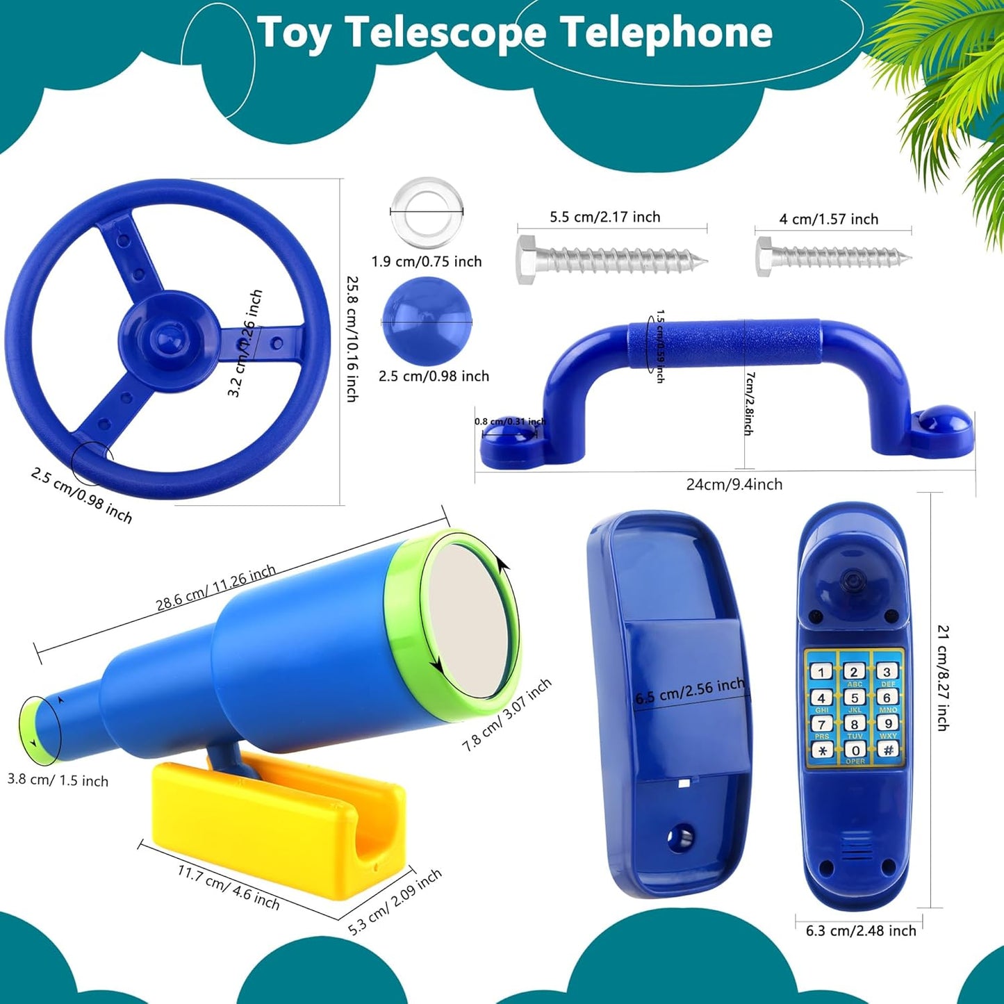 5 Pack Kids Playground Accessories Set Swingset Steering Wheel Plastic Telescope Safety Handles Telephone Toy for Outdoor Playhouse Playset (Color Set 4)