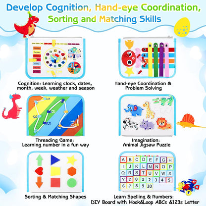 Esjay Toddler Busy Board Montessori Toys for Boys Girls, Sensory Book Educational Activities for Learning Fine Motor Skills, Birthday Gifts for Toddlers, Travel Toys for Airplane Car, White Dinosaur